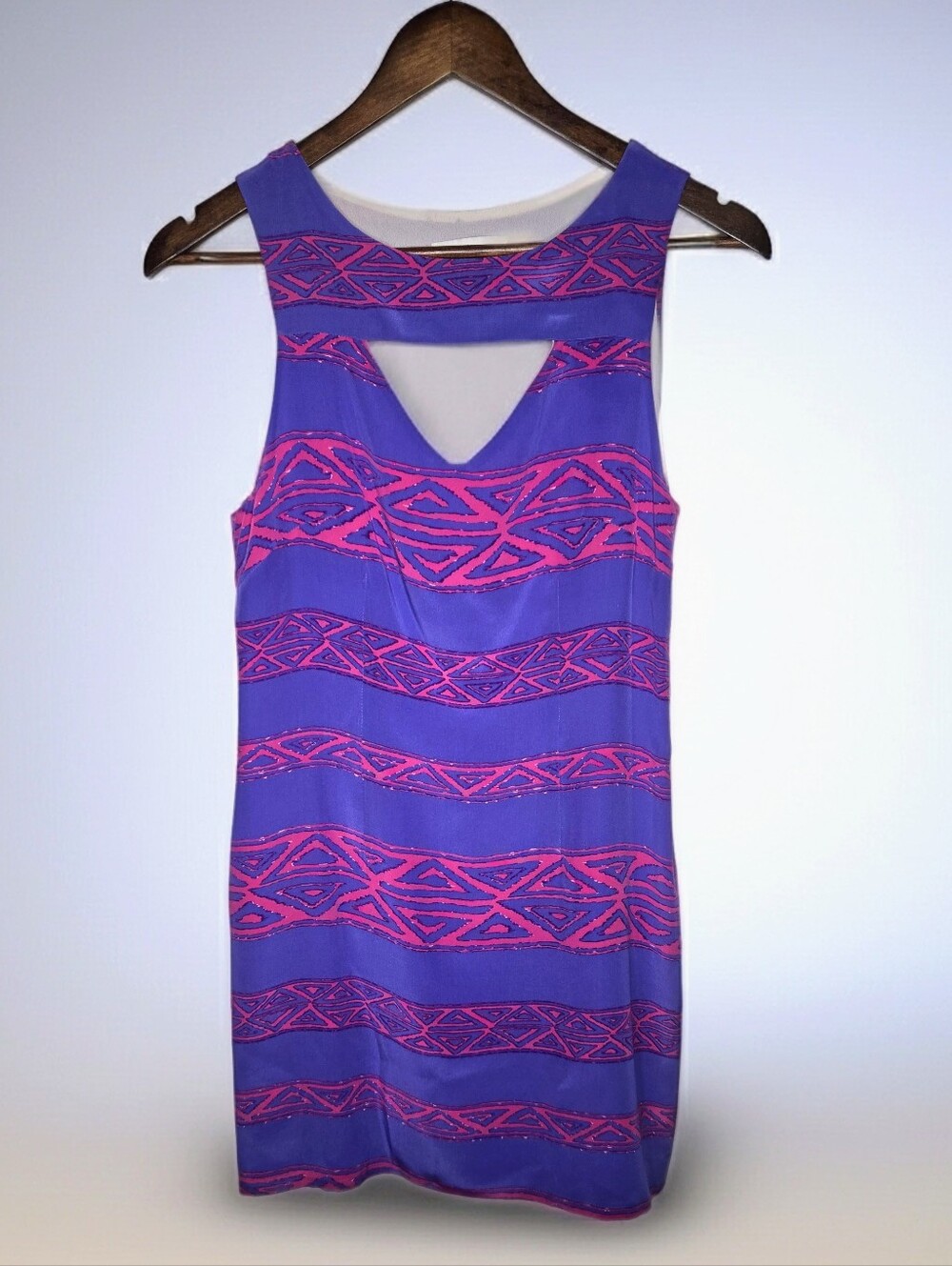 100% Silk Purple & Neon Pink Geometric Cutout Sleeveless Mini Tribal Dress -S